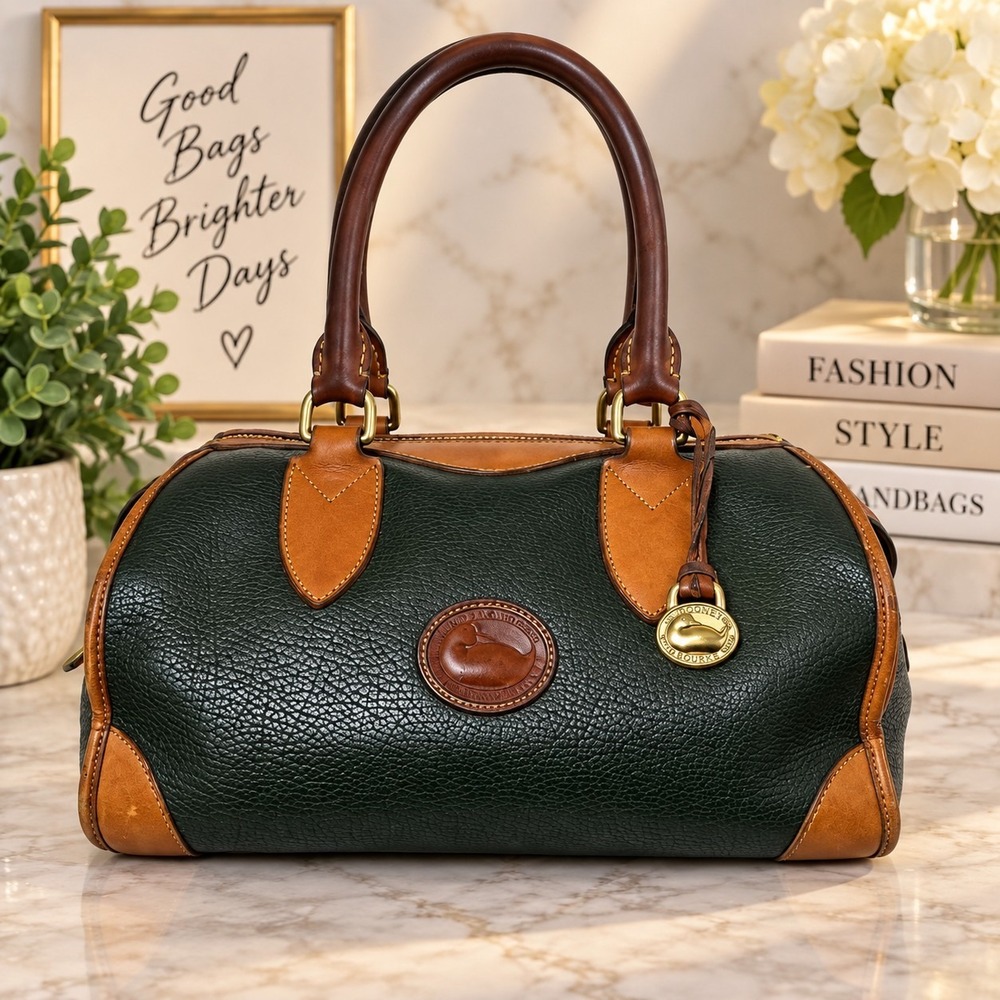 Dooney & Bourke Vintage All Weather Leather Satchel Green Tan Duck Lock Bag